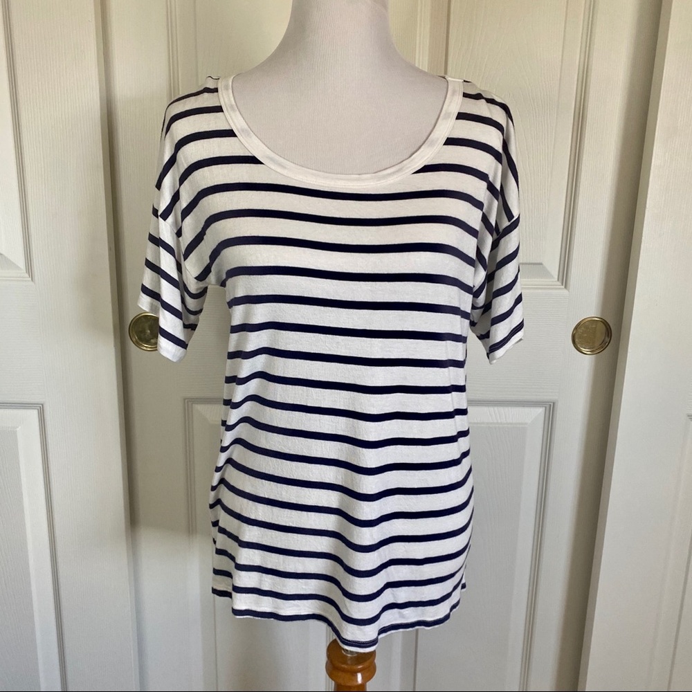 Forever‎ 21 Navy White Striped Open Back Scoop Neck Short Sleeve Breton Tee Sz S
